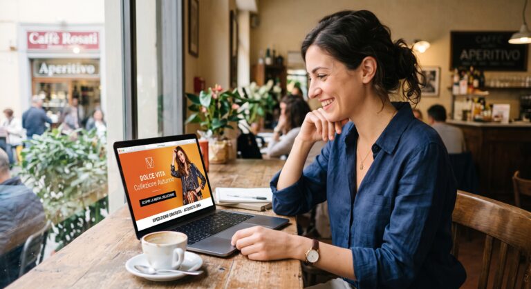 Mujer en una cafetería observando un anuncio digital en su ordenador portátil, ilustrando el recuerdo publicitario o ad recall online.