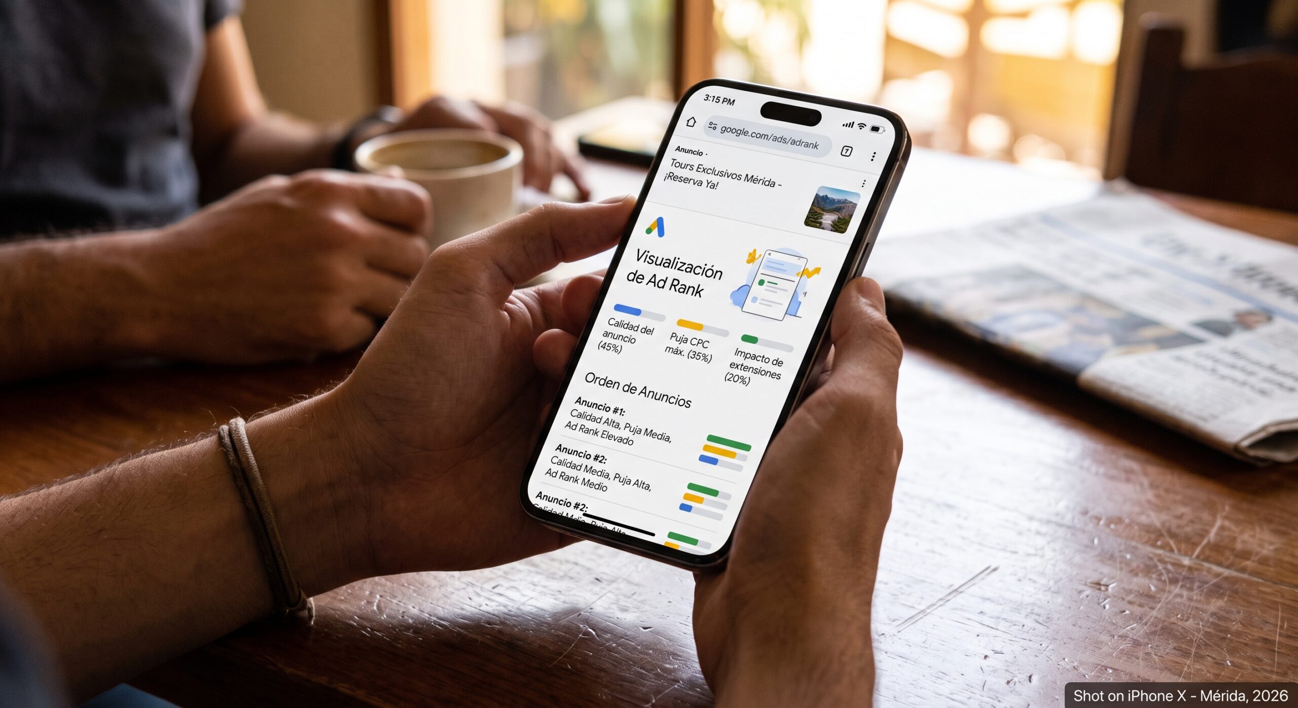 Persona sosteniendo un smartphone que muestra el cálculo y factores del Ad Rank, calidad del anuncio y puja CPC para clasificar anuncios en Google.