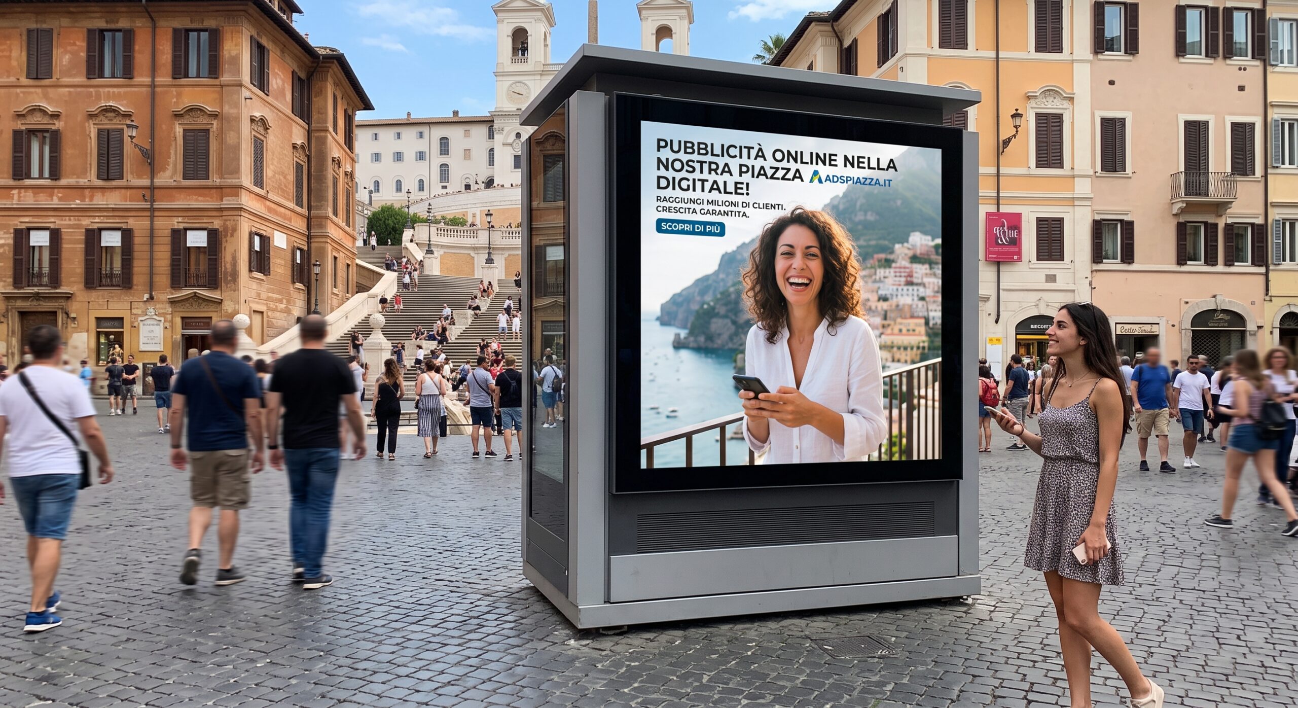 Tótem publicitario digital en una plaza italiana mostrando un anuncio interactivo con una mujer sonriente