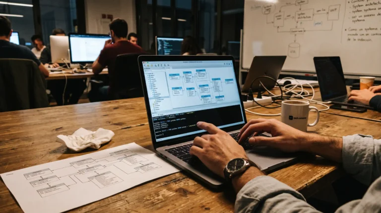 Desarrollador diseñando un esquema relacional y arquitectura de bases de datos SQL en entorno de trabajo real.