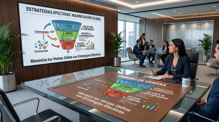 Un equipo de marketing profesional analizando un gráfico detallado del embudo de ventas digital en una sala de conferencias moderna. El gráfico muestra las etapas TOFU, MOFU y BOFU.