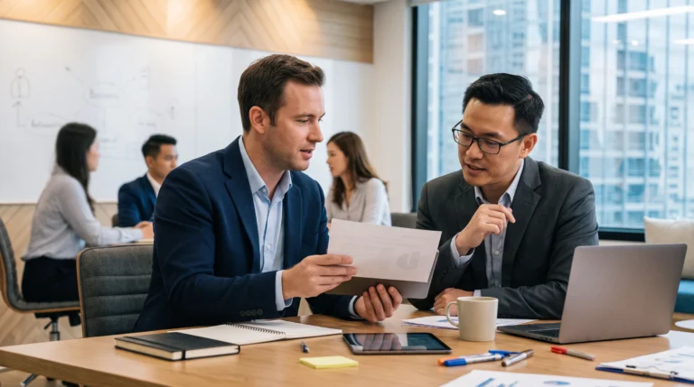 Profesionales en reunión corporativa analizando métricas y acuerdos comerciales en entorno B2B