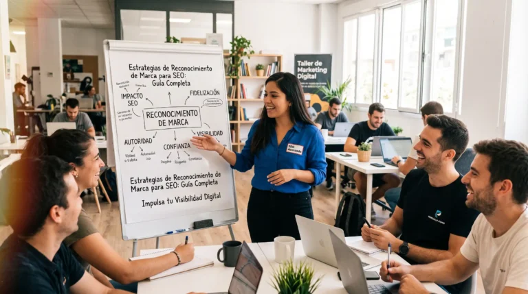 Mujer dando una presentación sobre 'Reconocimiento de Marca' y 'SEO' a un equipo en una oficina.