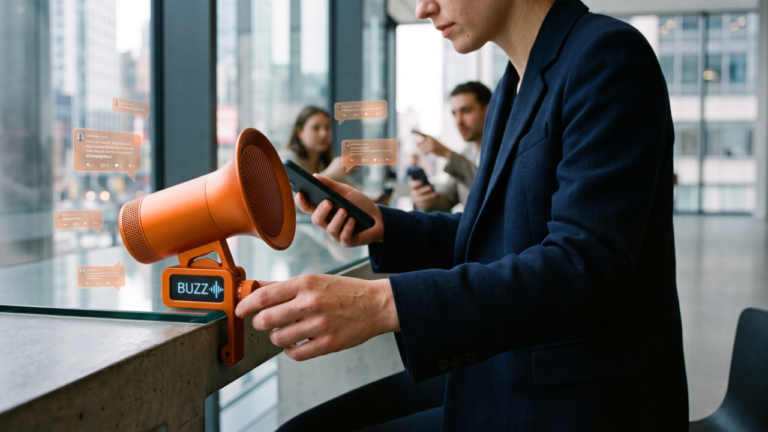 Estratega activa un megáfono naranja conectado a un móvil que proyecta comentarios, detonando el buzz marketing de campaña