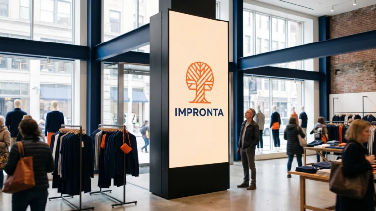 Un tótem monolítico de metal negro en una tienda de ropa moderna muestra una silueta estilizada y naranja, conceptualizando la fuerza de la marca publicitaria.
