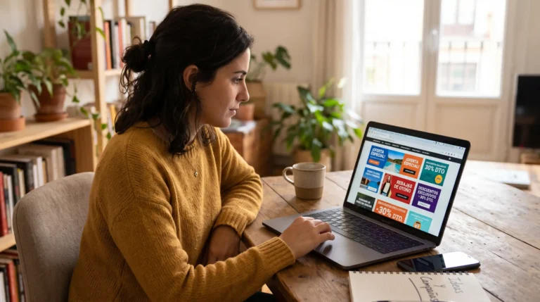 Mujer sentada en una mesa de madera observando diferentes formatos de banners publicitarios y anuncios online en la pantalla de su Mac