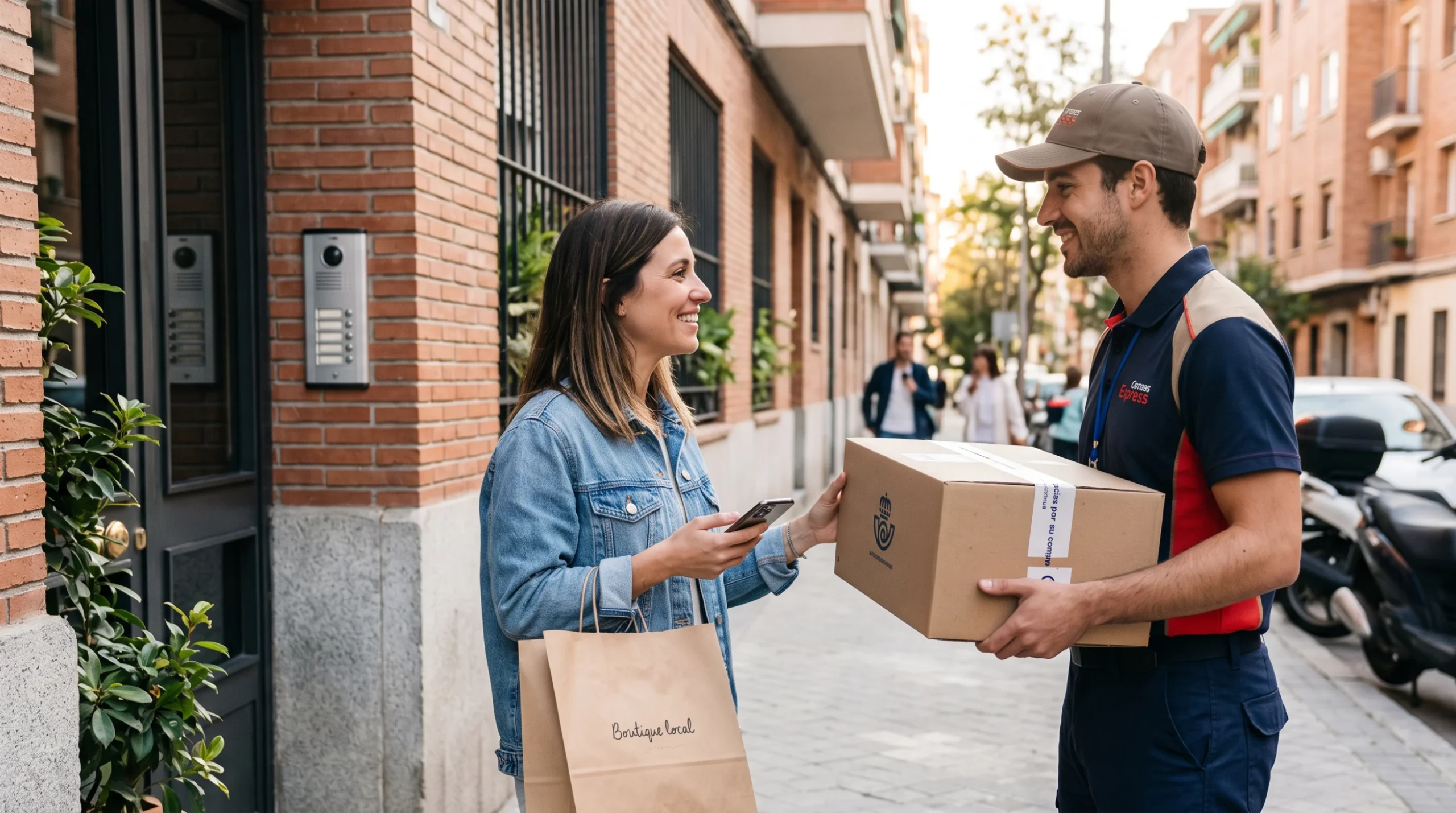 Repartidor entregando un paquete de compra online a una clienta en la puerta de su casa, representando una transacción B2C (Business to Consumer).