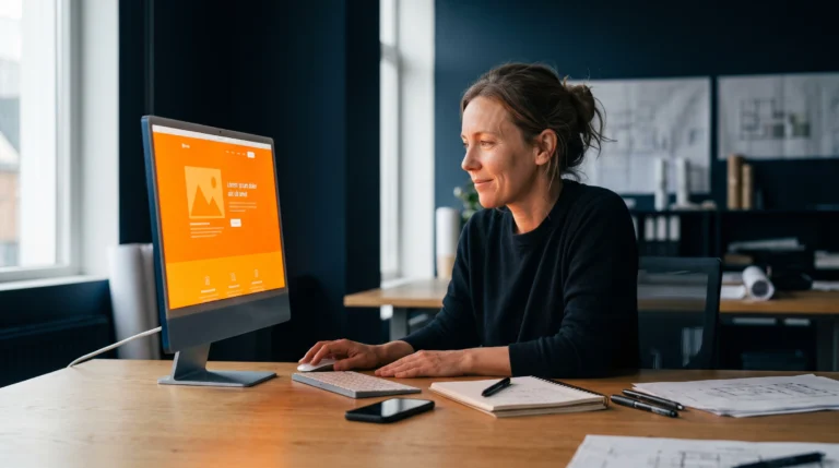Una mujer en su etapa de madurez, planificadora digital, sentada en un escritorio de roble en un estudio moderno, mirando con orgullo y una leve sonrisa el monitor de una PC que muestra un diseño de banner web en color naranja vibrante. De fondo se aprecia iluminación natural de una ventana y un ambiente de oficina con tonos azul marino.