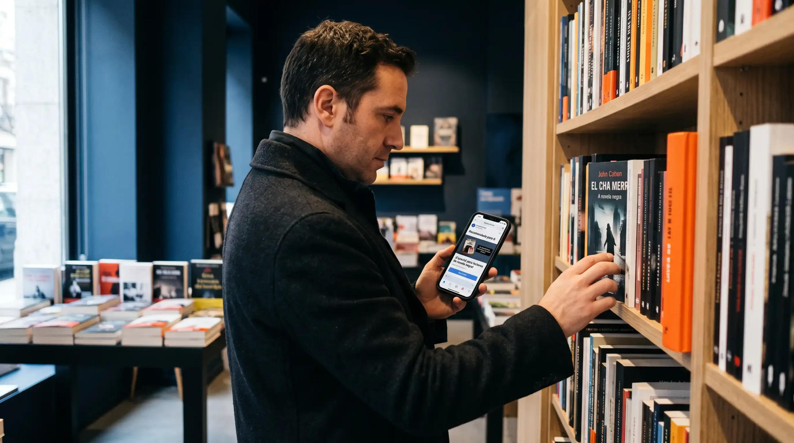 Hombre en una librería recibe un anuncio en su teléfono móvil gracias a una estrategia de segmentación por comportamiento y publicidad omnicanal.